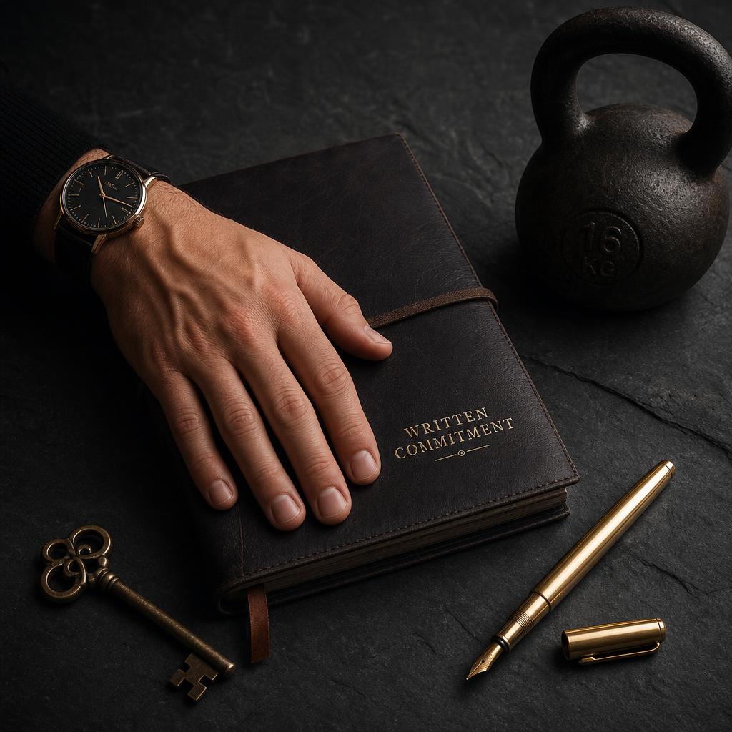 A man's hand on a leather commitment journal with a gold pen, watch, kettlebell and key
